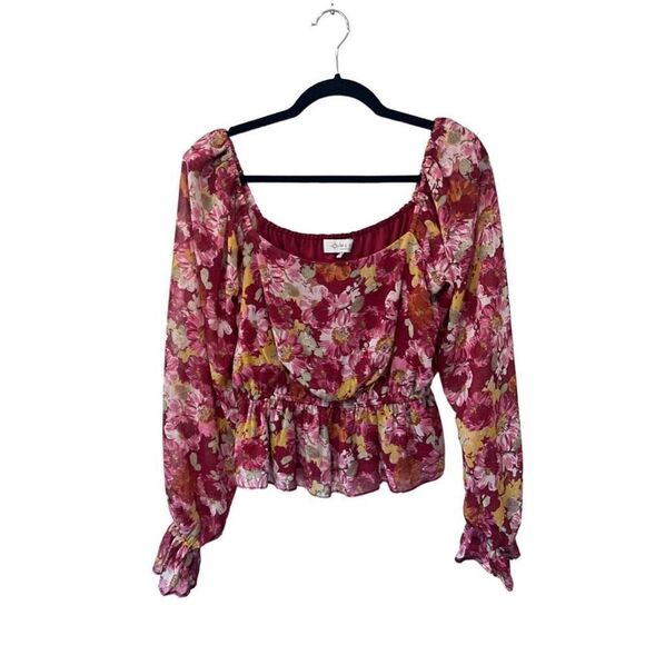 WAYF Red Floral Cinched Waist Balloon Ruffle Sleeve Scoop Neck Blouse Size M - Picture 1 of 9